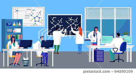 Innovate laboratory research new medical preparation formula vector illustration. Man and woman scientist examine virus structure 64890109