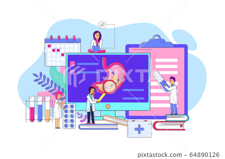 Examination stomach on electronic device concept line vector illustration. Man and woman character in medical coat examining 64890126