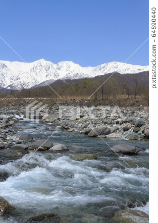 Hakuba Spring: Northern Alps seen from Matsukawa 64890440