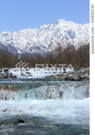 Hakuba Spring: Northern Alps seen from Matsukawa 64890530