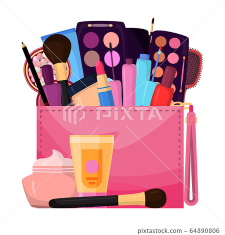 Cosmetics in bag, bagful makeup masters pink color with set plaster shadows, creams and lipsticks, design flat vector illustration Cosmetics in bag, bagful makeup masters pink color with set plaster shadows, creams and lipsticks, design flat vector illustration 64890806