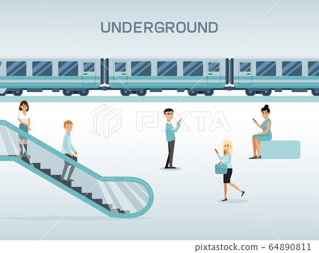 City subway station, character male female use escalator and waiting train, concept flat vector illustration. City subway station, character male female use escalator and waiting train, concept flat vector illustration. 64890811