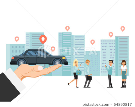 Hand holding luxury car, city vehicle sharing isolated on white, flat vector illustration. Tiny character person standing urban landscape. 64890817