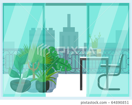 Urban look from balcony, concept cityscape and terrace loggia flat vector illustration. Cozy relax place, design interior pot flower. Urban look from balcony, concept cityscape and terrace loggia flat vector illustration. Cozy relax place, design interior pot flower. 64890851