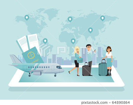World airport, character male, female aircraft crew and passenger, concept flat vector illustration. World map, occupant airplane. 64890864