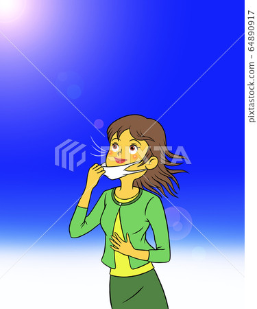 Woman taking off a mask and taking a deep breath Woman taking off a mask and taking a deep breath 64890917