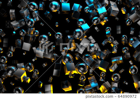 abstract background with flying metal boxes and spheres on a black background. 3d illustration 64890972