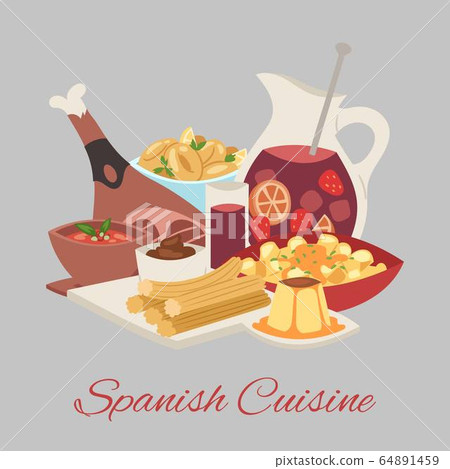 Spanish cuisine background traditional dish Paella, beef meat leg and drink vector illustration for restaurant or cafe. 64891459