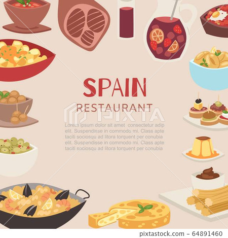 Spain and spanish restaurant cuisine traditional dishes poster vector illustration. 64891460