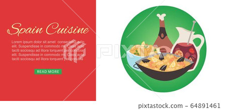 Spanish cuisine traditional dish Paella, beef meat leg and drink vector illustration for restaurant menu. 64891461