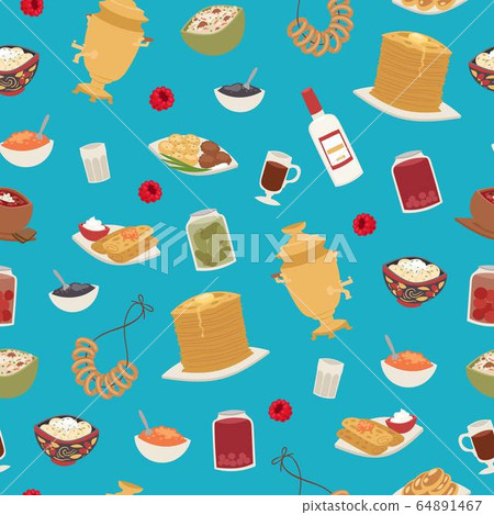 Russian food seamless pattern with thin pancakes, red caviar, vodka and samovar, meat dumplings cartoon vector illustration. Russian food seamless pattern with thin pancakes, red caviar, vodka and samovar, meat dumplings cartoon vector illustration. 64891467
