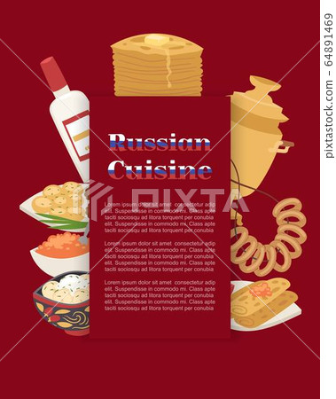 Russian cuisine poster with thin pancake, red caviar, vodka and samovar, meat dumplings cartoon vector illustration. Russian cuisine poster with thin pancake, red caviar, vodka and samovar, meat dumplings cartoon vector illustration. 64891469