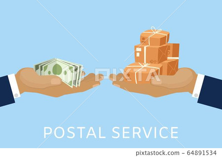 Post service and parcels delivery concept for money with postman hands and paying with cash dollars cartoon vector illustration. Post service and parcels delivery concept for money with postman hands and paying with cash dollars cartoon vector illustration. 64891534