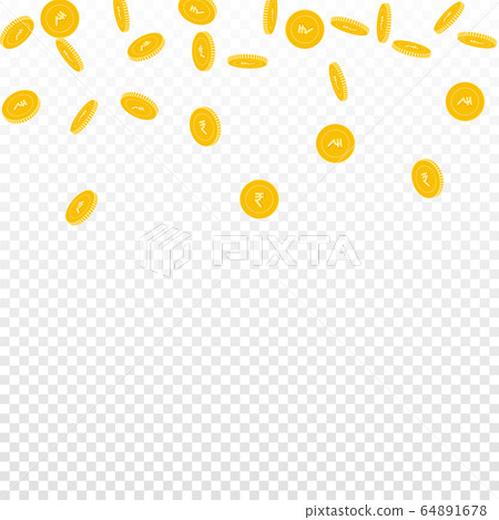 Indian rupee coins falling. Scattered sparse INR c 64891678