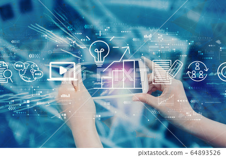 Content marketing concept with person using smartphone Content marketing concept with person using smartphone 64893526