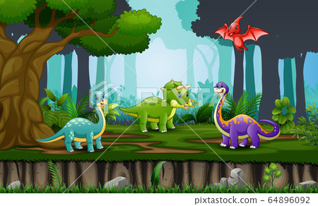 Happy dinosaurs cartoon at the jungle	 64896092