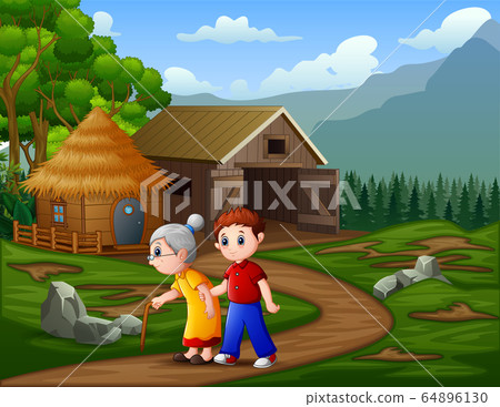 A man with his grandmother walks past a cattle ranch 64896130
