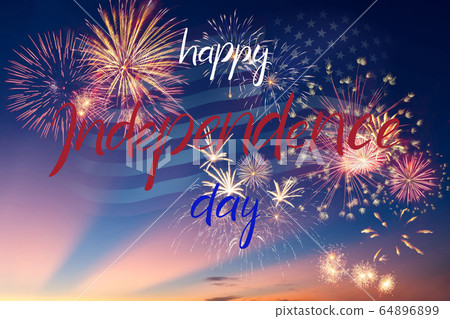 Holiday night fireworks and flag of America 64896899