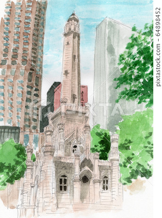 芝加哥水塔水彩素描 64898452