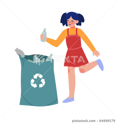 Girl Collecting Plastic Waste into Garbage Bag, Child Picking Up Trash for Recycling Vector Illustration Girl Collecting Plastic Waste into Garbage Bag, Child Picking Up Trash for Recycling Vector Illustration 64899579