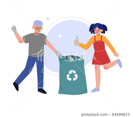 Boy and Girl Collecting Plastic Wastes into Garbage Bag, Children Picking Up Trash for Recycling Vector Illustration 64899633