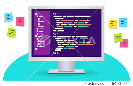 Personal computer with a code page on the desktop, around colored papers with tasks. 64901145