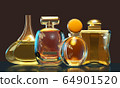 3d illustration perfume bottle stays on glass table with copy space on black background 64901520