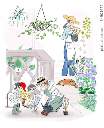家庭在花園裡種花 64901651