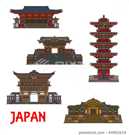 Japan temples, royal architecture landmarks icons 64902639