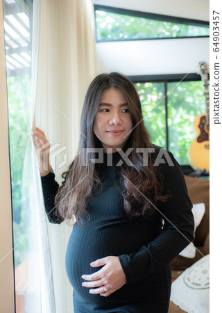 Pretty young pregnant woman standing by the window Pretty young pregnant woman standing by the window 64903457