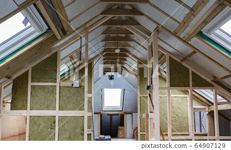 Unfinished residential loft conversion, property extension, insulated walls and ceilings, roof windows 64907129