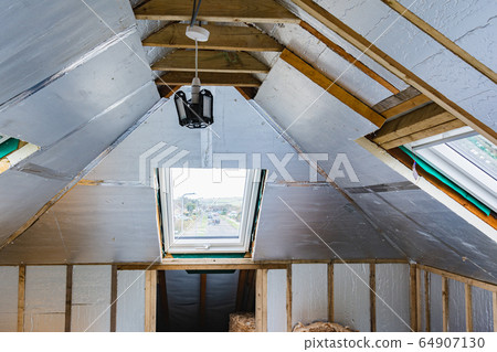 Unfinished residential loft conversion, property extension, insulated walls and ceilings, roof windows 64907130