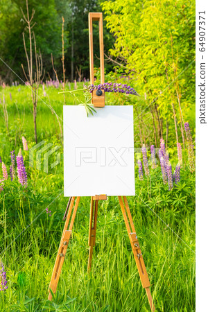 Wooden easel with white paper on nature background Wooden easel with white paper on nature background 64907371