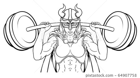 Viking Warrior Woman Weightlifter Lifting Barbell Viking Warrior Woman Weightlifter Lifting Barbell 64907758