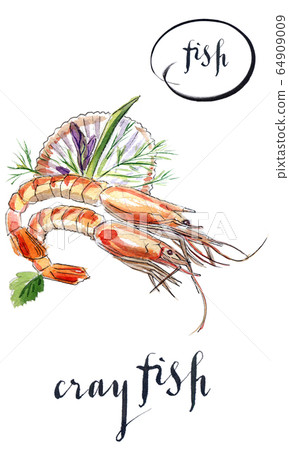 Cooked crayfishes with green vegetable 64909009