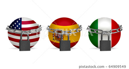 Planet colored in USA, Spain, Italy flags, locking with chain. Countries lockdown during coronavirus, COVID spreading, flyer Planet colored in USA, Spain, Italy flags, locking with chain. Countries lockdown during coronavirus, COVID spreading, flyer 64909549