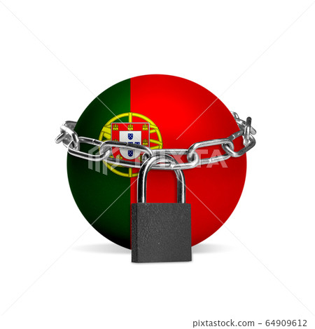 Planet colored in Portugal flag, locking with chain. Countries lockdown during coronavirus, COVID spreading 64909612