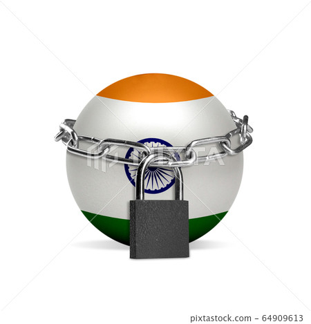 Planet colored in India flag, locking with chain. Countries lockdown during coronavirus, COVID spreading 64909613