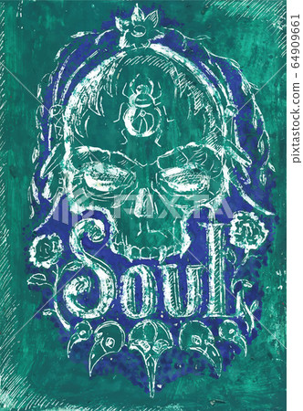 Hand drawn in French technique Grater, human skull with letering Soul, roses and bird's skulls 64909661