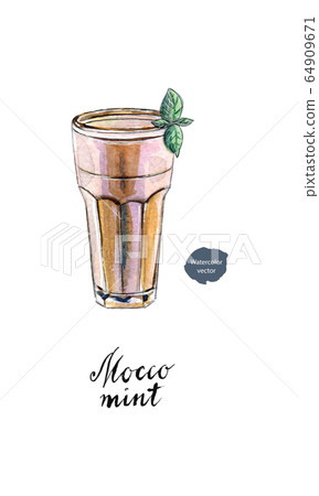 Glass of mocco mint with leaf of mint and mint syrup in watercolor Glass of mocco mint with leaf of mint and mint syrup in watercolor 64909671