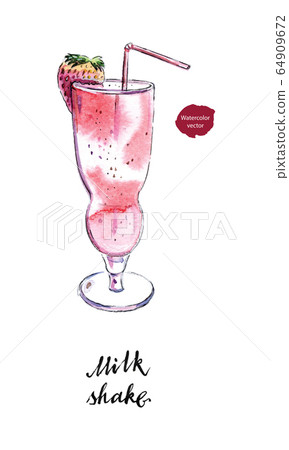 Glass of milk shake with straw and strawberry in watercolor Glass of milk shake with straw and strawberry in watercolor 64909672