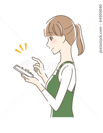 Side profile of a smiling woman operating a smartphone 64909696