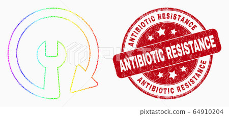 Vector Rainbow Colored Dot Update Repair Wrench Icon and Scratched Antibiotic Resistance Stamp Seal Vector Rainbow Colored Dot Update Repair Wrench Icon and Scratched Antibiotic Resistance Stamp Seal 64910204