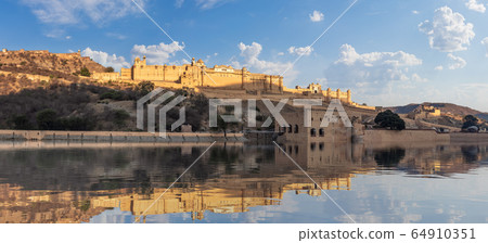 Amber Fort panorama, view from the lake, Jaipur, Amber Fort panorama, view from the lake, Jaipur, 64910351