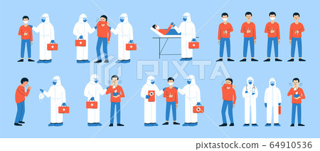 Set of isolated vector illustrations in flat style. Coronavirus COVID-19. Clip art for health care, medicine design. Doctor in white hazmat suit and coughing, sneezing people. Happy man in mask.