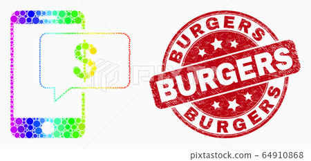 Vector Rainbow Colored Dotted Smartphone Bank Message Icon and Scratched Burgers Stamp Vector Rainbow Colored Dotted Smartphone Bank Message Icon and Scratched Burgers Stamp 64910868
