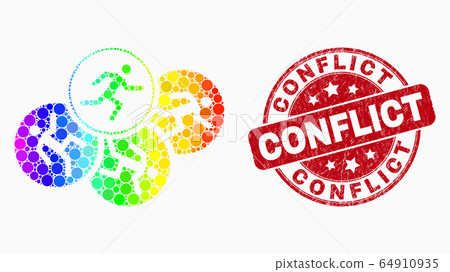 Vector Bright Dotted Running Persons Icon and Scratched Conflict Stamp Seal 64910935