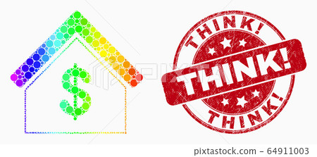 Vector Rainbow Colored Pixelated Rent House Icon and Grunge Think Exclamation Stamp 64911003