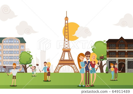 People take selfie amid sights outside vector illustration. Men and women take photos by smartphone on long selfiestick. People take selfie amid sights outside vector illustration. Men and women take photos by smartphone on long selfiestick. 64911489