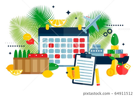 Plan import fruits icons vector illustration, product transportation by plane or ship. Mark sending day apples, pears, cucumber 64911512